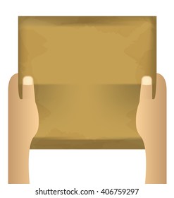 two hands holding empty paper on an isolated white background