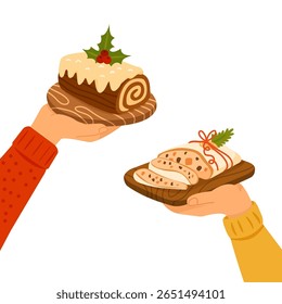 Twee handen met feestelijke desserts: een chocolade kerstboomkoek versierd met hulst en een gesneden gestolen brood gebonden met een rood lint. Voor Kerstmis en Nieuwjaar wenskaarten