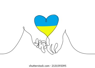 two hands holding for fingers between them heart shaped space yellow blue color - one line drawing vector. The concept of love and support for Ukraine and the Ukrainian people 