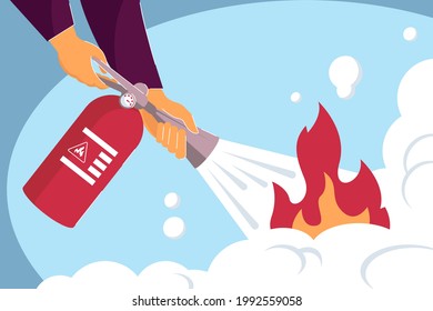 Two hands holding fire extinguisher and putting out fire. Flat vector illustration. Fireman handling flame, emergency situation. Help, safety, fire prevention concept for banner design or landing page