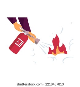 Two hands holding fire extinguisher and putting out fire. Flat vector illustration. Fireman handling flame, emergency situation. Help, safety, fire prevention concept for banner design