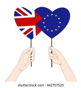 Two hands holding two flags in a shape of heart symbolizing the exit of Great Britain out of the European Union, vector illustration