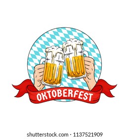 Two hands holding full glass of bear toasting. Oktoberfest munich beer festival concept. retro old style hand drawn with bavarian flag pattern and ribbon vector design. Logo, badge, sticker, icon.