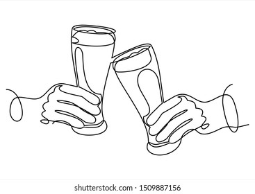 Two hands holding glass beer in the party  hang out and friend   cheers clinking continuous single drawn line