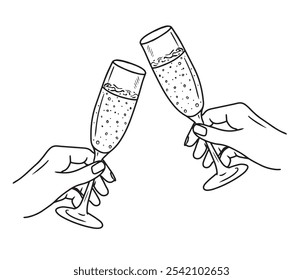 Two hands holding glass and clinking with sparkling wine champagne in black isolated on white. Hand drawn vector sketch illustration in doodle engraved vintage line art style. Holiday, toast