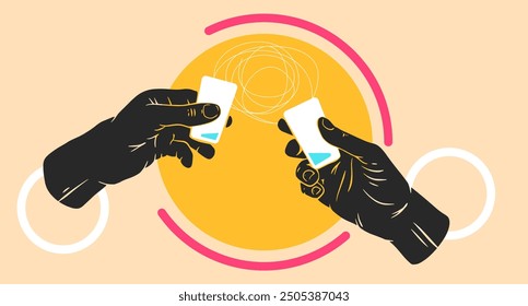 Dos manos sosteniendo un vaso con un cóctel o alcohol. Arte conceptual Abstractas en estilo colorido para vacaciones, festivales o celebraciones. Moderna Ilustración vectorial mínima.