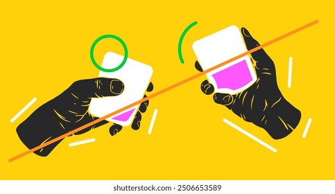 Dos manos sosteniendo un vaso con un cóctel o alcohol. Arte conceptual Abstractas en estilo colorido para vacaciones, festivales o celebraciones. Moderna Ilustración vectorial mínima.