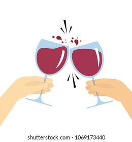 two hands holding glass with red wine and toasting vector flat cartoon illustration isolated on white background