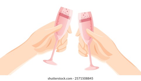 Two hands holding glasses of champagne. Toasting glasses champagne for new year, wedding, brunch, Valentine's day, Christmas, birthday. Decoration for Brunch invitation