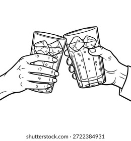 Two hands holding glasses with ice clink together in a celebratory toast, simple line art.