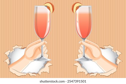 Two hands holding glasses with orange slices