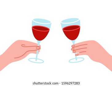 Two hands are holding glasses with red wine. Alcoholic drink for dinner, holiday. Vector illustration on white background.