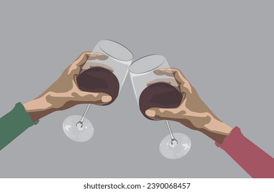 Two hands holding glasses of red wine and make a toast with them