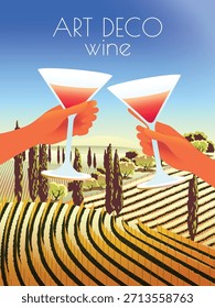 Dos manos sosteniendo vasos de vino tinto contra un paisaje clásico de la bodega italiana. Concepto de cartel de invitación de estilo art déco. Ilustración vectorial de dibujo hecho a mano.
