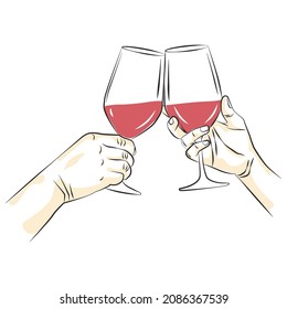 Two hands holding glasses of sparkling wine. vector illustration in sketch style Vector