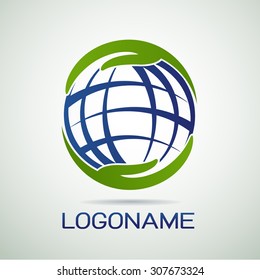 Two hands holding a globe abstract vector logo design template