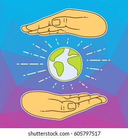 Two hands holding a globe. Abstract vector logo design of planet.
