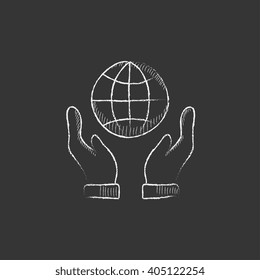 Two hands holding globe. Drawn in chalk icon.