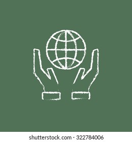 Two hands holding globe hand drawn in chalk on a blackboard vector white icon isolated on a green background.