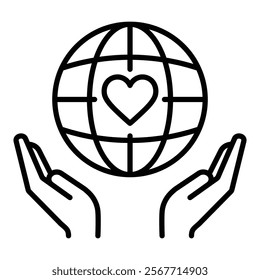 Two hands holding a globe with a heart in the center, representing global care, compassion, and unity round line vector icon with editable stroke 