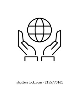 Two hands holding globe line icon for web, mobile and infographics. Vector dark grey icon isolated on light grey background