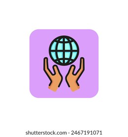 Dos manos sosteniendo el icono de la línea del globo. Planeta, tierra, cuidado. Concepto de voluntariado. Se puede utilizar para temas como la protección del medio ambiente, la ecología, el calentamiento global.