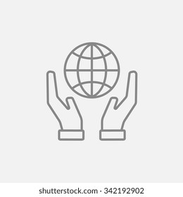 Two hands holding globe line icon for web, mobile and infographics. Vector dark grey icon isolated on light grey background.