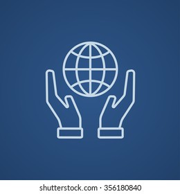 Two hands holding globe line icon for web, mobile and infographics. Vector light blue icon isolated on blue background.