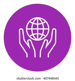 Two hands holding globe line icon.