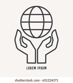 Two hands holding globe line icon for web, mobile. Ecology icon. Saving the planet icon.