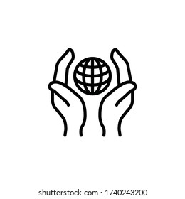 Two hands holding globe outline icons. Vector illustration. Editable stroke. Isolated icon suitable for web, infographics, interface and apps.