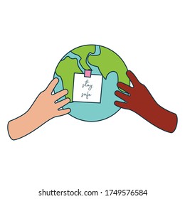 two hands holding globe with stay safe message vector illustration