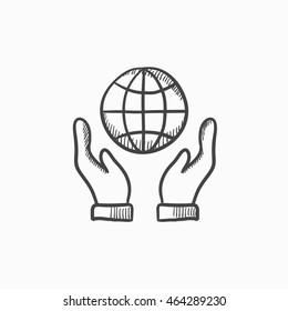 Two Hands Holding Globe Vector Sketch Icon Isolated On Background. Hand Drawn Two Hands Holding Globe Icon. Two Hands Holding Globe Sketch Icon For Infographic, Website Or App.