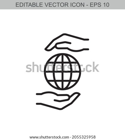 Two hands holding globe world. Editable line icon.