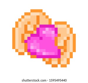 Two hands holding glossy glitter pink heart, Valentine's day pixel art icon isolated on white background.8 bit love sharing symbol.Old school vintage retro slot machine/video game graphics. Like emoji