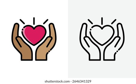 Two hands holding a glowing heart icon, embodying care and love. Ideal for healthcare, charity, and wellness designs. Perfect for heartfelt vector graphic concept
