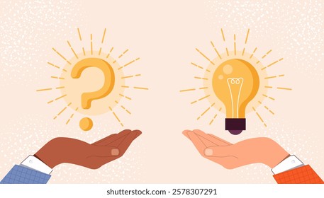 Two hands holding a glowing question mark and light bulb on a soft beige background with sparkles. Concept of ideas, solutions, and innovation. Vector illustration