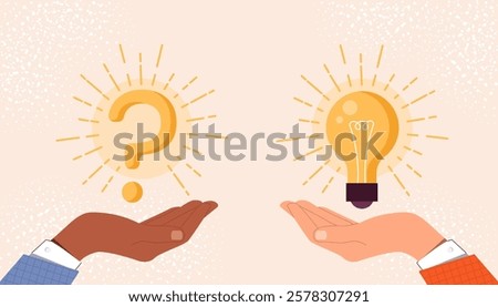 Two hands holding a glowing question mark and light bulb on a soft beige background with sparkles. Concept of ideas, solutions, and innovation. Vector illustration