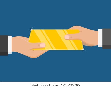 Two Hands Holding Gold Bullion Vector Icon Meaning Transfer Money