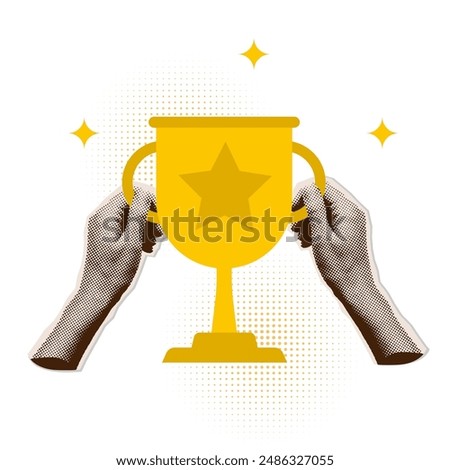 Two Hands holding gold trophy cup. Award for win. Comic illustration in halftone collage art style with dotted effect. Vector