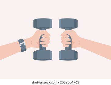 Two hands holding gray dumbbells on a beige background. Flat vector illustration