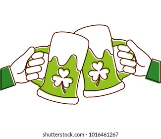 two hands holding green beer glass clover foam celebration