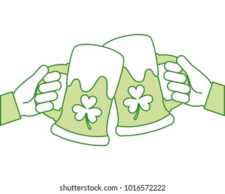 two hands holding green beer glass clover foam celebration