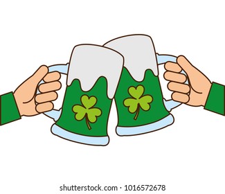 two hands holding green beer glass clover foam celebration