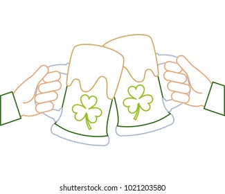 two hands holding green beer glass clover foam celebration