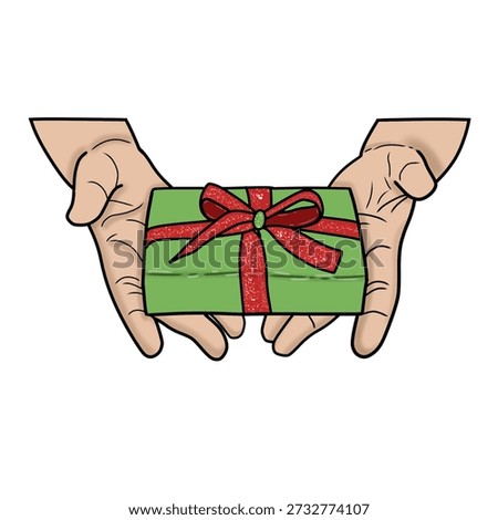 Two hands holding a green gift box adorned with a red ribbon and bow.