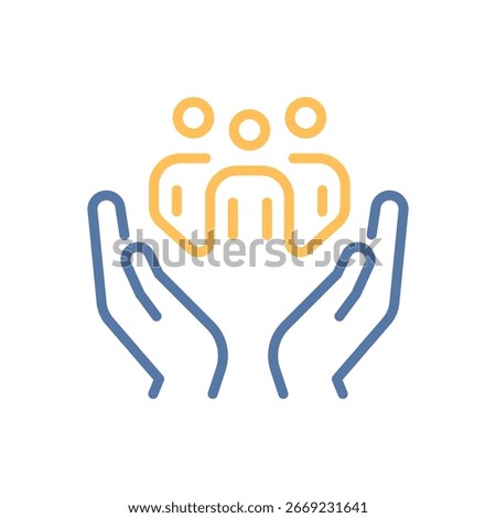 Two hands holding a group icon. Safety, social care, group support, belonging, inclusivity. Vector thin line illustration. Editable stroke.