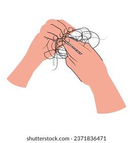 Two hands is holding hair falling out on the white background. The causes of hair loss in men or women because stressful events.