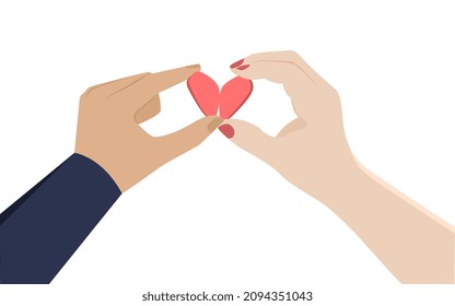 Two hands holding two half heart shape objects, happy romantic couple vector illustration. 
