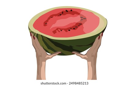 Two hands holding half of watermelon isolated on white empty background.